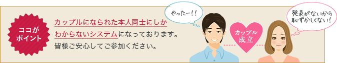 カップルになられた本人同士にしかわからないシステムになっております。皆様ご安心してご参加ください。