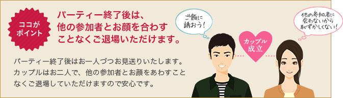 ココがポイント パーティー終了後は、他の参加者とお顔を合わすことなくご退場いただけます。